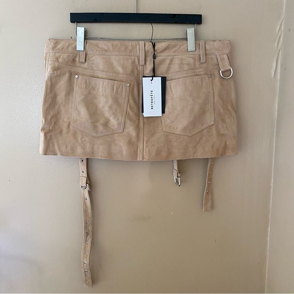 Retrofete VERNA suede LEATHER SKIRT Tan Mini buckles low rise NWT XL - Picture 15 of 15